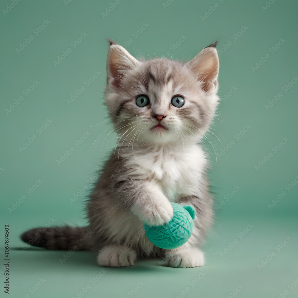 a fluffy white and gray kitten holding a toy mouse a fluffy white and gray kitten holding a toy mouse