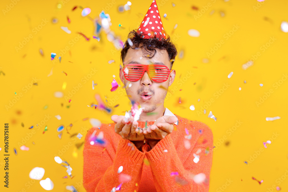 Fototapeta premium Cheerful Young Asian Man Blowing Colorful Confetti Standing Isolated on Yellow Background 