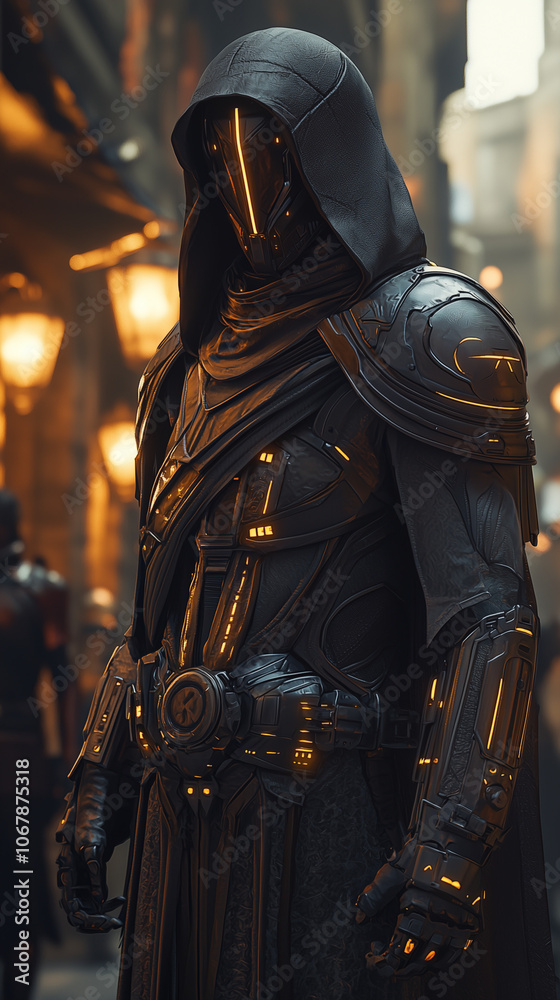 Mysterious futuristic figure in dark cloak, glowing orange visor, and intricate armor, standing on a dimly lit street Mysterious futuristic figure in dark cloak, glowing orange visor, and intricate armor, standing on a dimly lit street