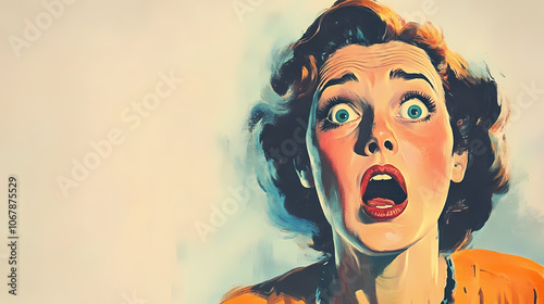 A vintage horror illustration featuring a shocked woman with a vivid expression, conveying a sense of fear and drama. Vintage. Illustration photo