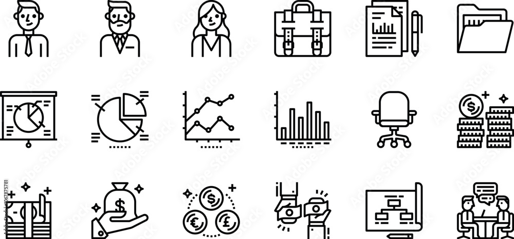 Set of outline icons representing various business and finance concepts. icons of people, office items, data visualization, financial symbols, and business interactions.
