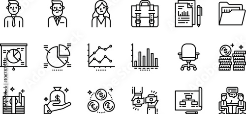 Obraz na płótnie Set of outline icons representing various business and finance concepts. icons of people, office items, data visualization, financial symbols, and business interactions. w salonie