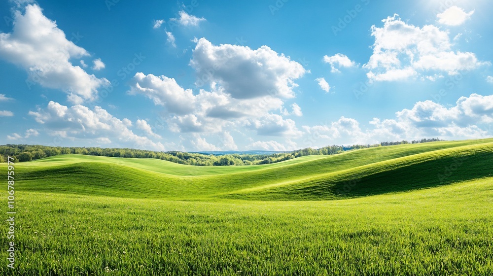 Rolling green hills under a bright blue sky with fluffy white clouds. Rolling green hills under a bright blue sky with fluffy white clouds.
