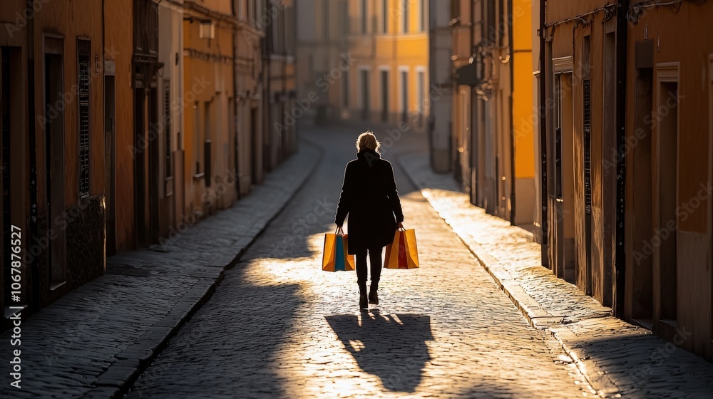 Woman Walking with Shopping Bags on Cobblestone Street in the Evening Woman Walking with Shopping Bags on Cobblestone Street in the Evening