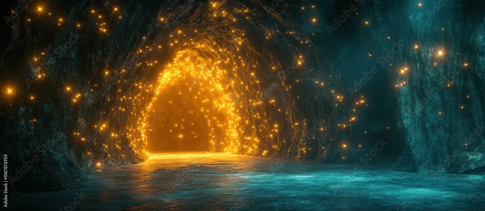Fototapeta premium A glowing, ethereal portal in a mysterious cave with a blue floor.