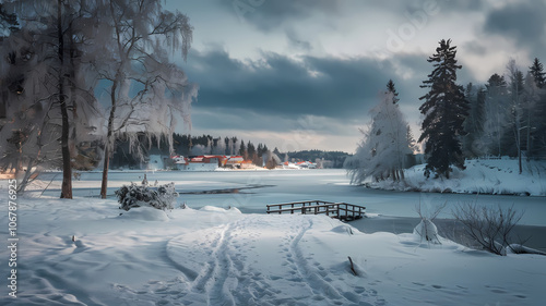 Beautiful winter woodland illustration of snowy landscape, frozen mountain lake and warm golden glow from houses on distant shore. Perfect postcard picture scene.