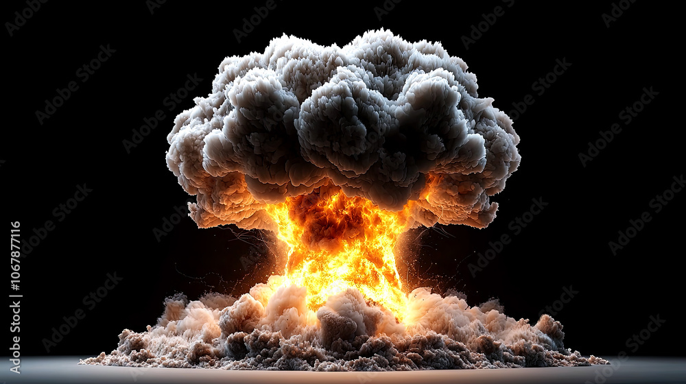A large explosion erupts, sending flames and thick clouds of smoke into the atmosphere. The intense fireball illuminates the surrounding darkness, showcasing a powerful force. A large explosion erupts, sending flames and thick clouds of smoke into the atmosphere. The intense fireball illuminates the surrounding darkness, showcasing a powerful force.