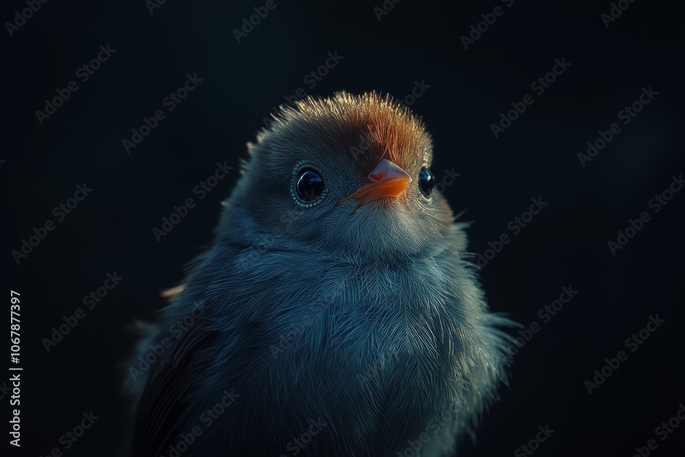 A chick captured in rim lighting, showcasing intricate details against a dark background A chick captured in rim lighting, showcasing intricate details against a dark background
