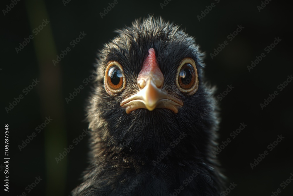 A detailed view of a young chick illuminated by rim lighting against a dark background showcasing its vibrant features A detailed view of a young chick illuminated by rim lighting against a dark background showcasing its vibrant features