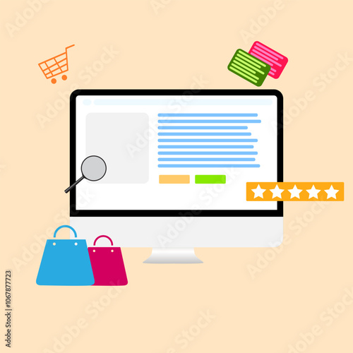 Ecommerce vector Illustration design element with Web screen, cart and other shapes. Editable online shopping concept design, business, marketing
