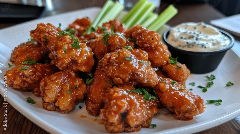White plate of Buffalo wings, coated in hot sauce, with fresh parsley garnish, served with creamy blue cheese dip and celery sticks White plate of Buffalo wings, coated in hot sauce, with fresh parsley garnish, served with creamy blue cheese dip and celery sticks