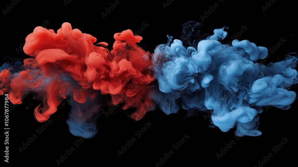 Abstract image of red and blue ink clouds swirling against a black background. Abstract image of red and blue ink clouds swirling against a black background.