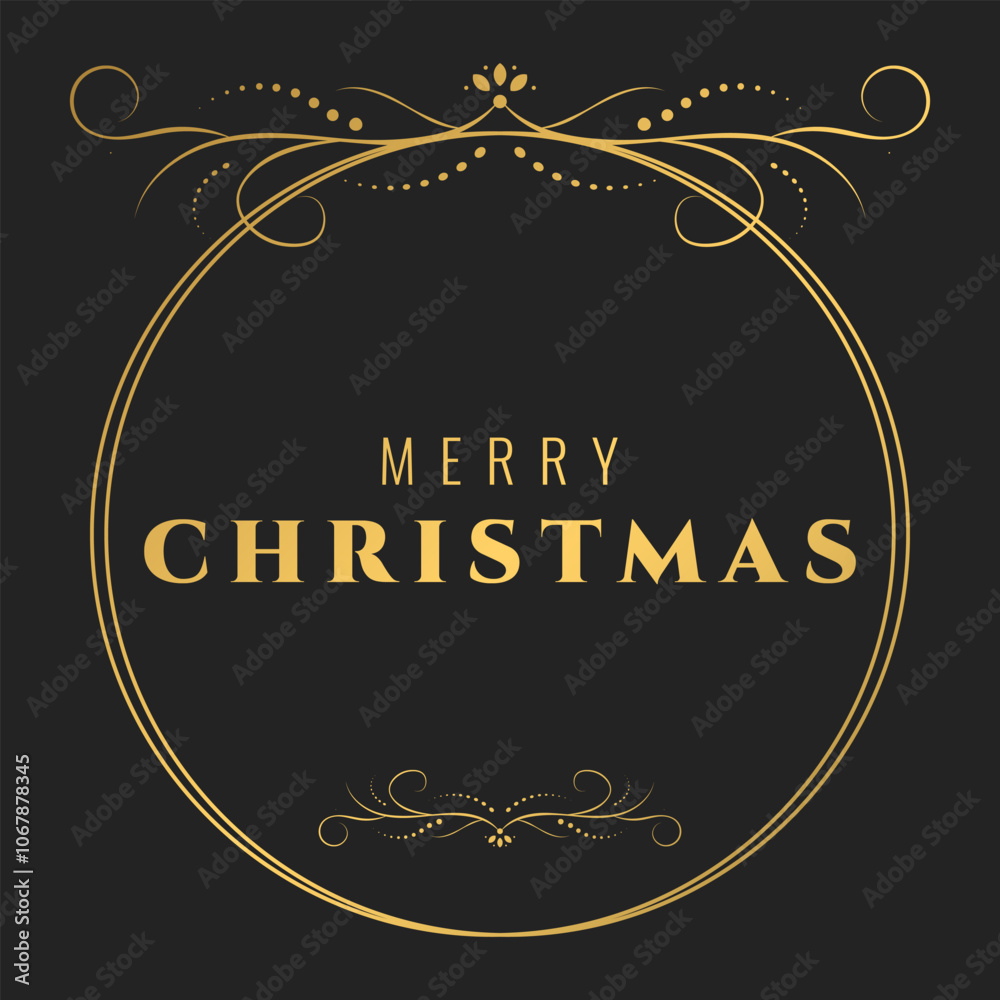 Merry Christmas and Happy New Year card with gold vintage round frame and typography on black background. Creative concept for flyer, banner, poster. Vector illustration Merry Christmas and Happy New Year card with gold vintage round frame and typography on black background. Creative concept for flyer, banner, poster. Vector illustration