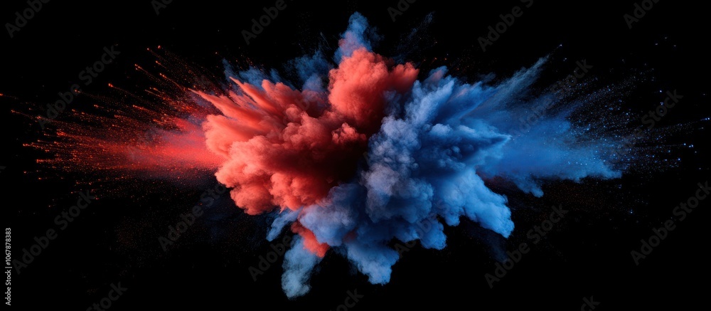 Abstract red and blue powder explosion on black background. Abstract red and blue powder explosion on black background.
