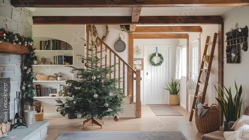 Festive Rustic Cottage Adorned with Christmas Decorations, Pine Wreaths, Warm Lights, and Snowy Winter Landscape