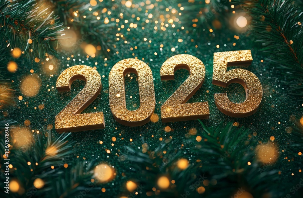 Vibrant green background with golden numbers 2025 shining amidst twinkling lights and fir branches, celebrating the New Year Vibrant green background with golden numbers 2025 shining amidst twinkling lights and fir branches, celebrating the New Year