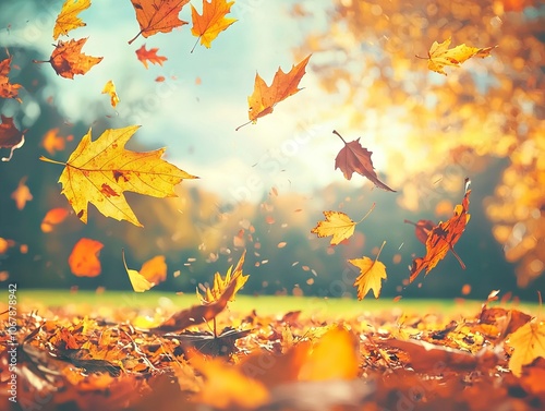 Colorful autumn leaves falling in a serene outdoor setting.