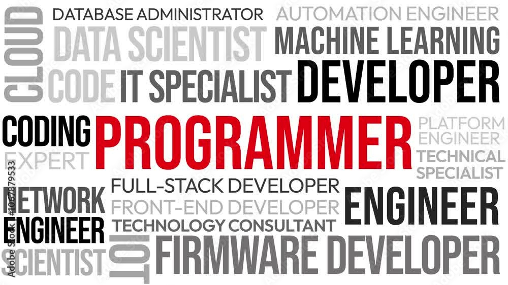 Programmer Typography with similar terms 4K Animation popping up background. Programming and coding concept text based backdrop Programmer Typography with similar terms 4K Animation popping up background. Programming and coding concept text based backdrop