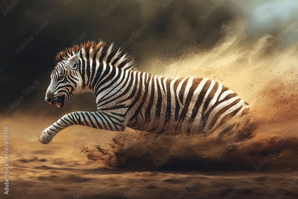 Naklejka premium Dynamic Zebra Running in a Desert Landscape