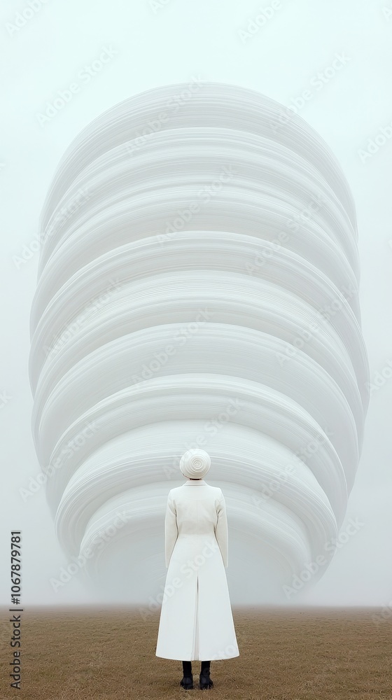 Futuristic Woman Gazing at Ringed Planet in White Foggy Landscape