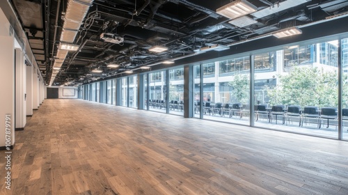 Spacious modern office interior with large windows and wooden flooring.