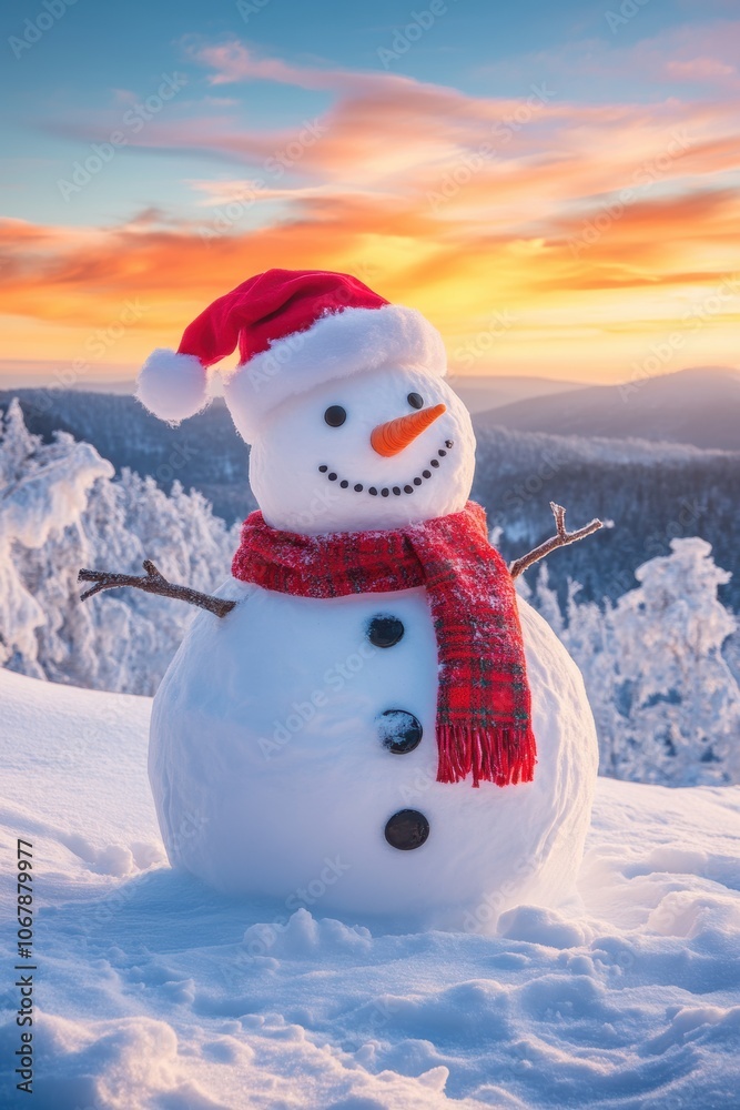 Obraz premium Cute snowman in heavy snow covered wild field at sunrise