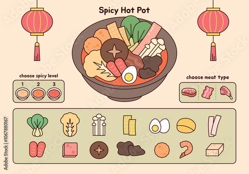 A spicy Sichuan pepper soup menu from China. A dish made by selecting various cooking ingredients.