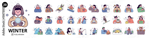 People enjoying winter by wearing warm clothes during the cold winter. Warm food, winter leisure, and culture. outline simple vector illustration.