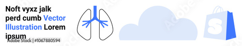 Diagram of human lungs, a cloud, and a shopping bag with the letter S. Ideal for healthcare, respiratory health, wellness, online shopping, and health apps. Landing page