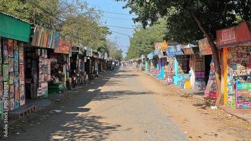 Wallpaper Mural A quiet street lined with colorful shops and stalls under a clear blue sky. Torontodigital.ca