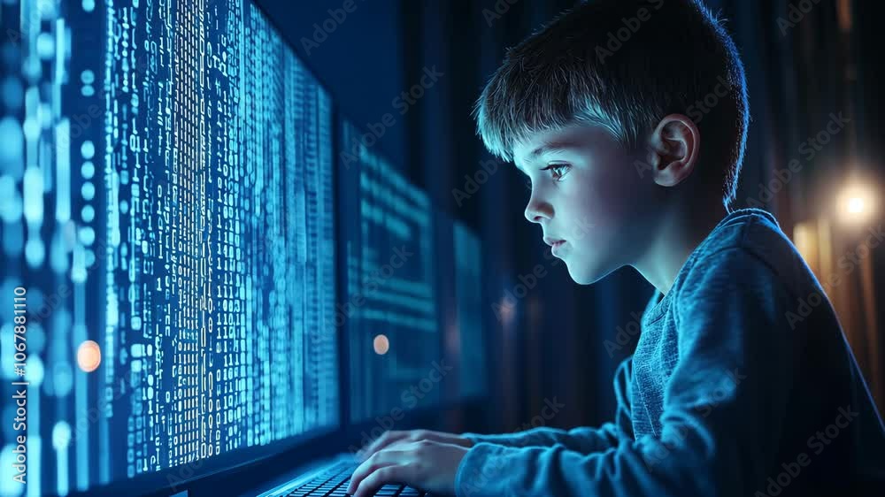 A young boy is intently focused on his computer screen, likely working on a coding project A young boy is intently focused on his computer screen, likely working on a coding project