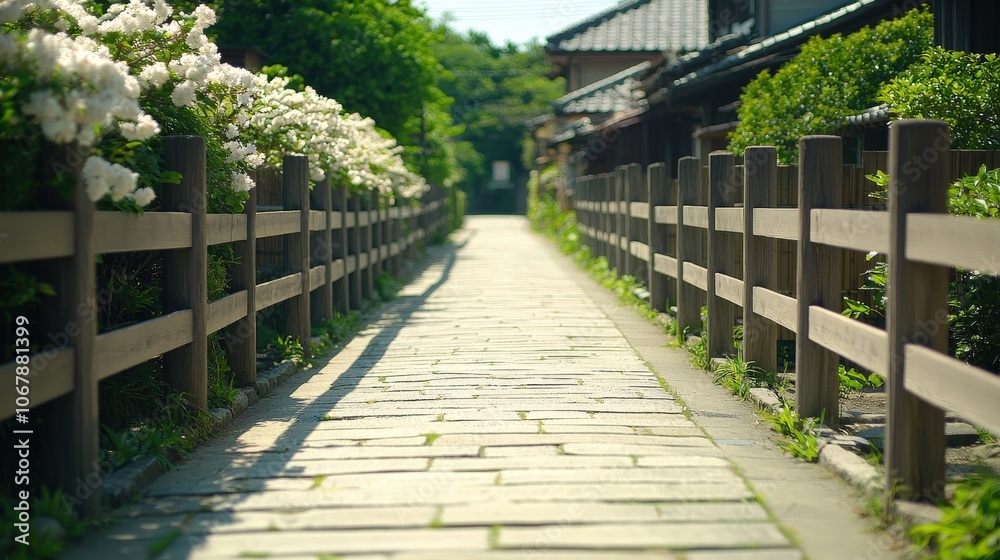 Stone Pathway Lined with Wooden Fences and Blooming Flowers in Japanese Garden Stone Pathway Lined with Wooden Fences and Blooming Flowers in Japanese Garden