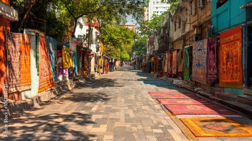 A vibrant street lined with colorful rugs for sale under trees.