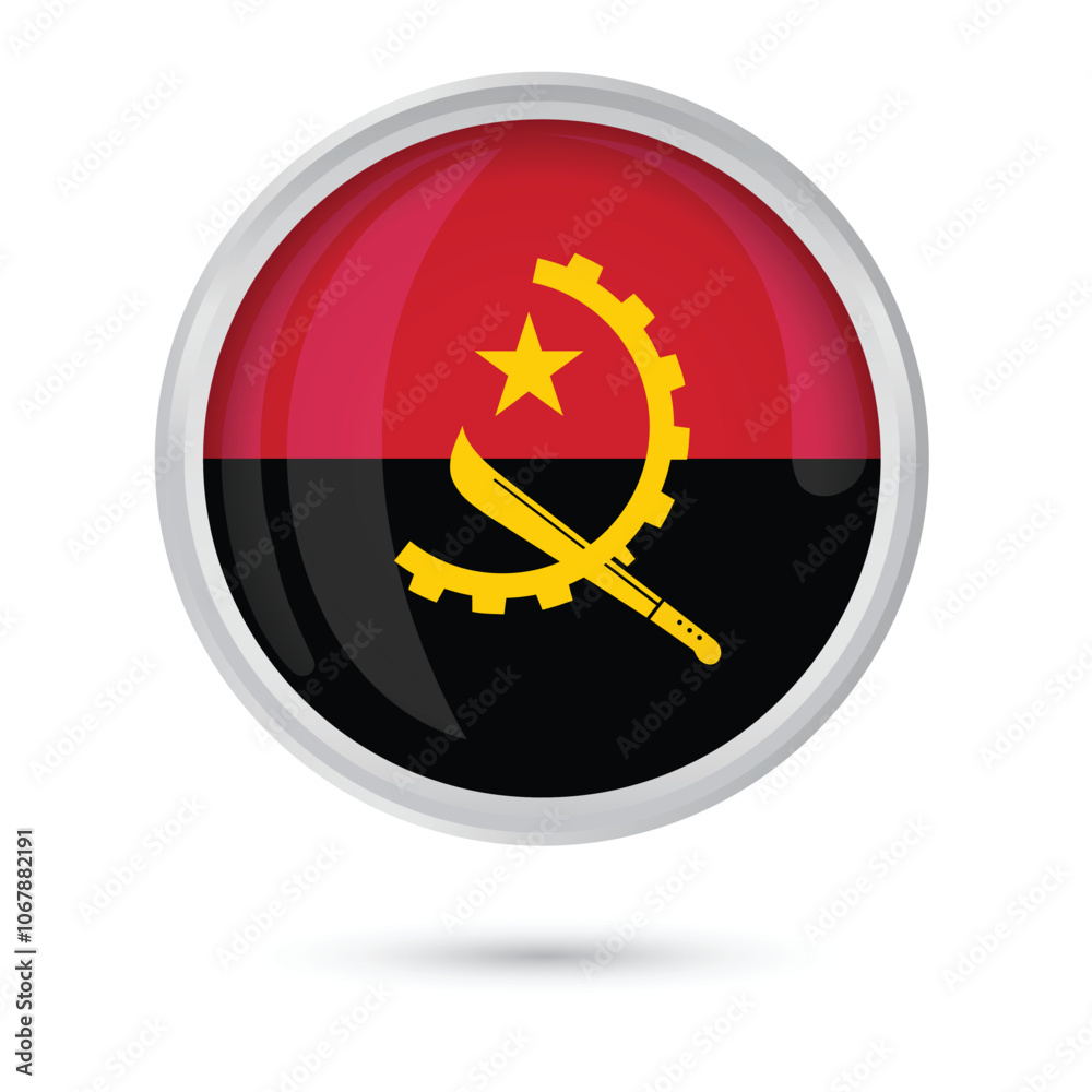Angola flag vector illustration isolated on white background. Angola round button glossy shiny flag official colors, 3D graphic for independence Day 11th November, Angola flag badge banner, poster, fl Angola flag vector illustration isolated on white background. Angola round button glossy shiny flag official colors, 3D graphic for independence Day 11th November, Angola flag badge banner, poster, fl