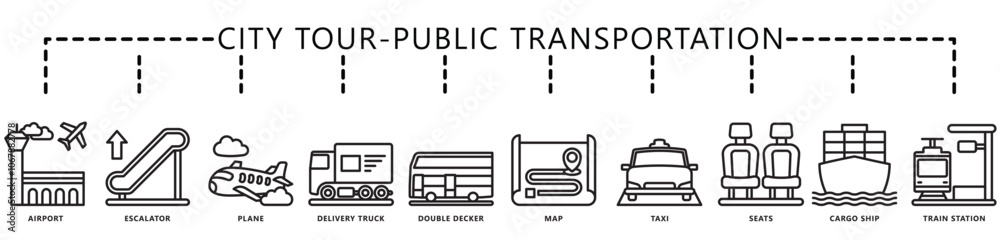 City tour, public transportation icon banner. contain ship, seat, escalator, truck, airplane, airport, map, bus, taxi, train and more. Vector EPS 10. for print, UI or UX kit, web and app development.
