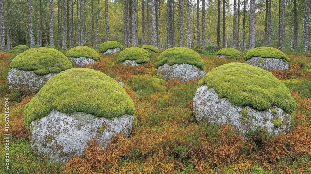 Moss-covered boulders in a forest clearing. Moss-covered boulders in a forest clearing.