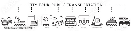 City tour, public transportation icon banner. contain airship, road, bus stop, cruise, train, boat, ticket, scooter, card and more. Vector EPS 10. for print, UI or UX kit, web and app development.
