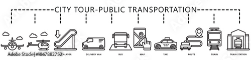 City tour, public transportation icon banner. contain plane, escalator, van, bus, map, helicopter, train, route, taxi, and more. Vector EPS 10. for print, UI or UX kit, web and app development.