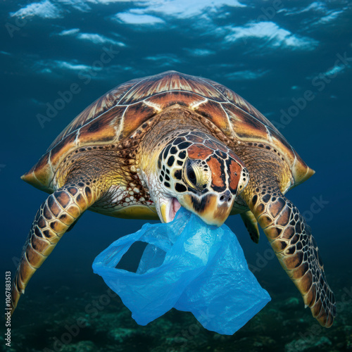 Sea Turtle eats plastic bag, plastic pollution in ocean problem. Protect the ocean environment, marine animals and serious waste pollution photo