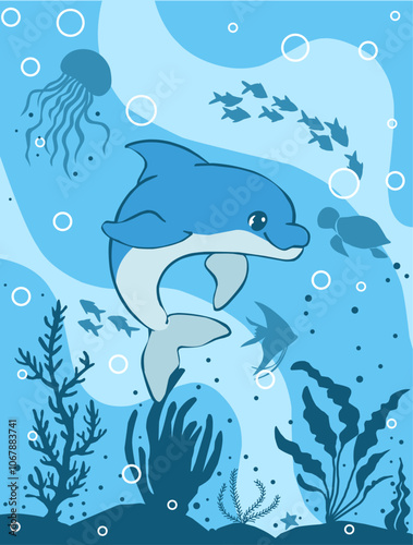 Illustration of dolphins in the blue ocean with shadows of fish jellyfish and turtles and sea plants