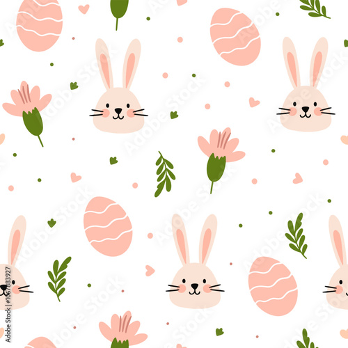 Seamless vector pattern for Easter. Seamless pattern of colorful silhouettes of rabbits, eggs and wild flowers.