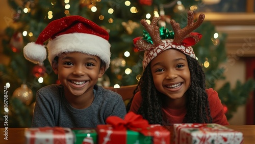Two children wearing Christmas hats, smiling and sitting at the table with gifts in front of them. The background features a large Christmas tree decorated with lights and ornaments