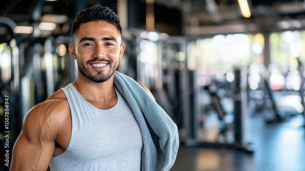 Man in Gym Holding Towel and Smiling Confidently Man in Gym Holding Towel and Smiling Confidently