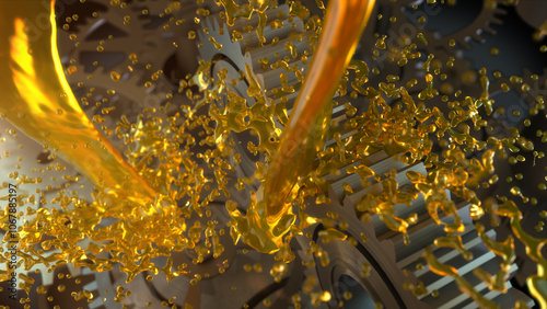 Oil splashing on gears, concept of lubricating motor oil and gears, 3D rendering.