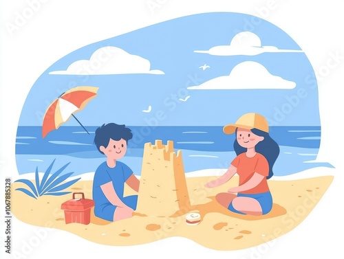 Two children building a sandcastle on the beach under a sunny sky.