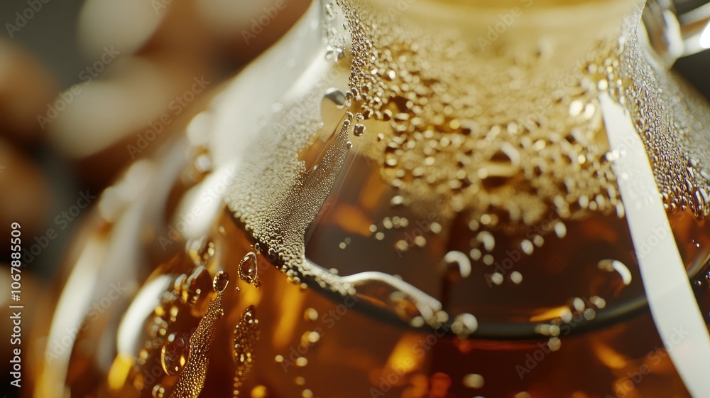 A slow drip of cold brew coffee through a glass carafe, with a focus on the smooth, rich texture and the delicate sweetness of the final beverage