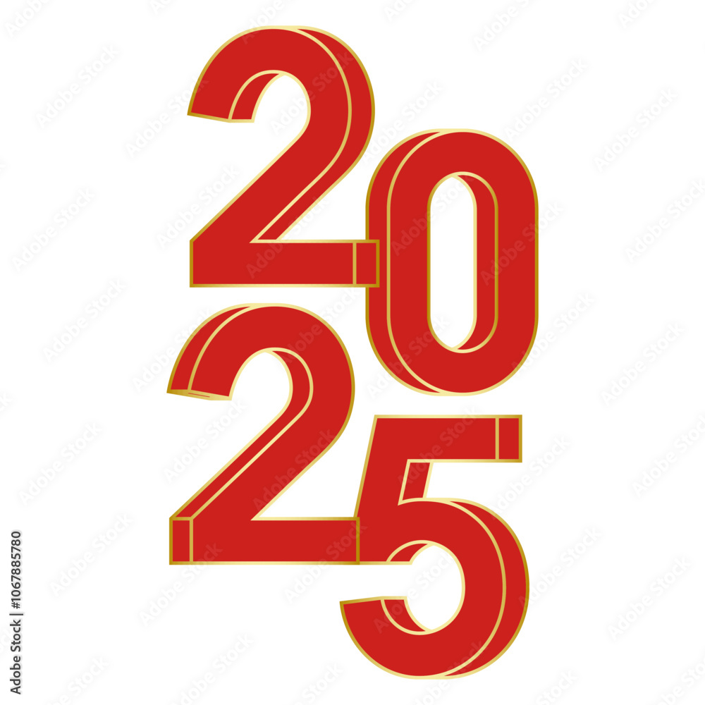 Red three-dimensional numeral 2025 with gold strokes