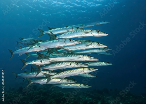 Bait ball school of fish in shallow water of coral reef in Caribbean Sea, Curacao photo