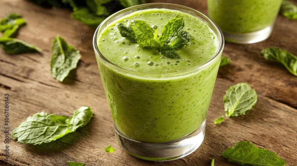 A vibrant green smoothie served in a glass with a garnish of mint leaves, filled with nutrients and antioxidants from leafy greens A vibrant green smoothie served in a glass with a garnish of mint leaves, filled with nutrients and antioxidants from leafy greens