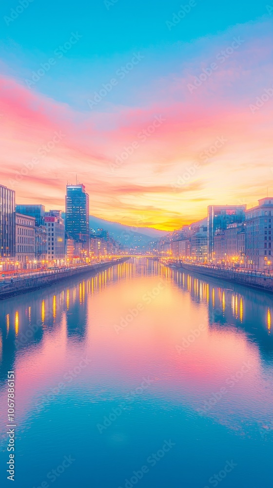 Serene sunset over a city river, reflecting vibrant colors and lights. Serene sunset over a city river, reflecting vibrant colors and lights.